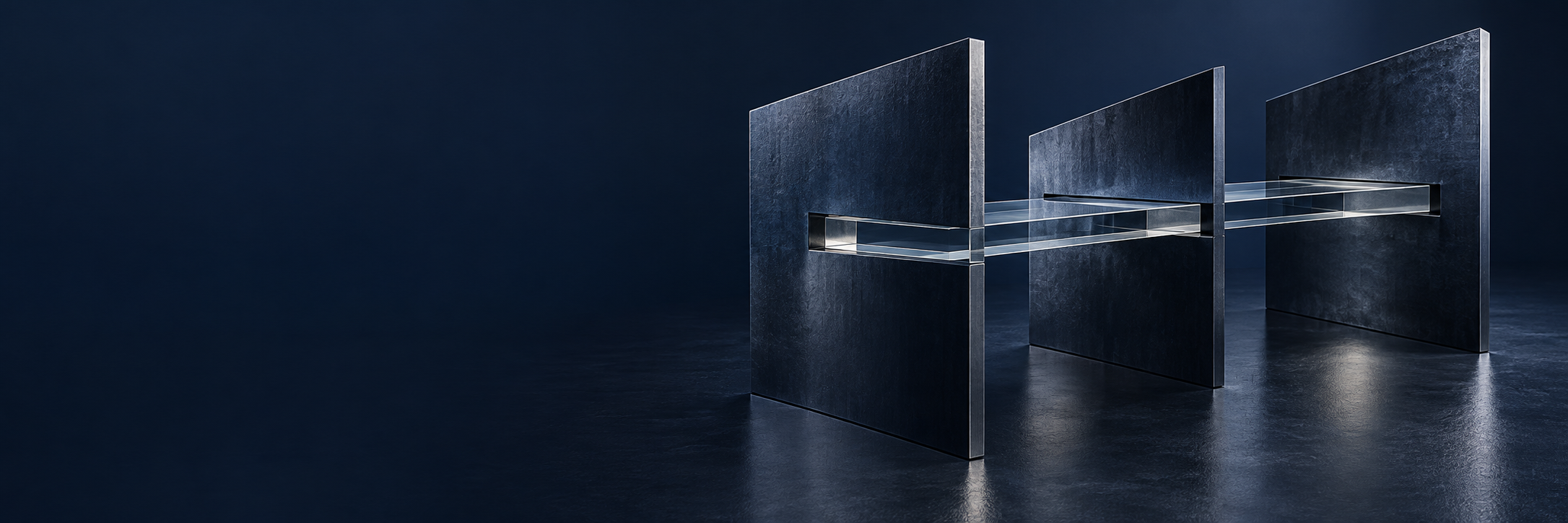 A continuous glass passage connects substantial navy architectural planes, bringing different perspectives together.
