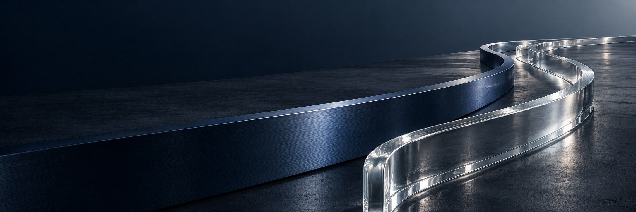 Independent glass and steel structures follow a continuous direction alongside one another.