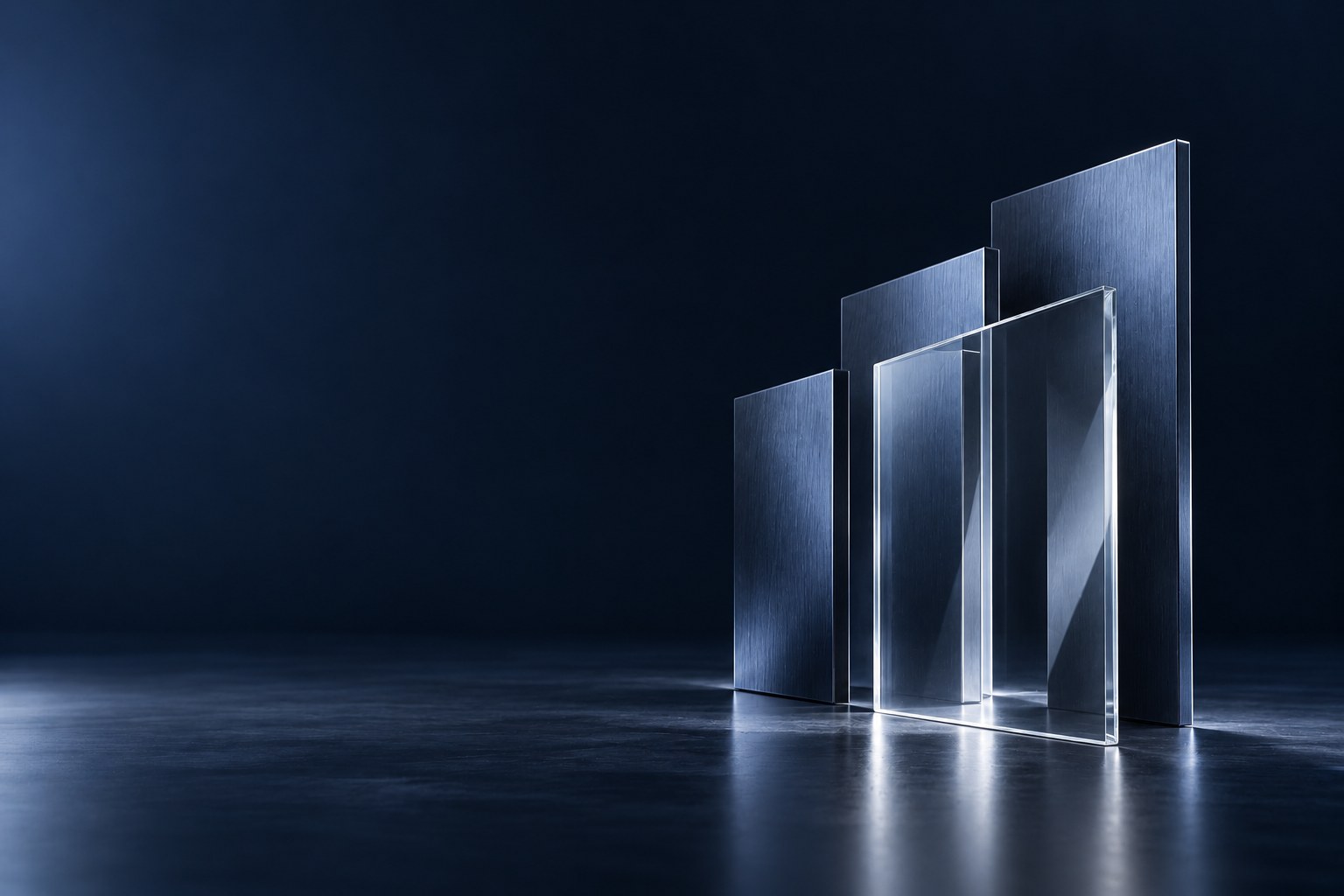 An optical glass form reveals a clear opening through offset dark steel architectural planes.