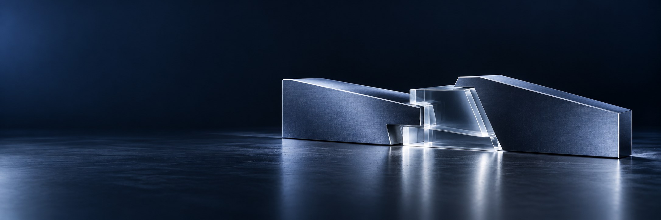 Distinct steel elements joined through a clear glass keystone, each supporting one shared structure.
