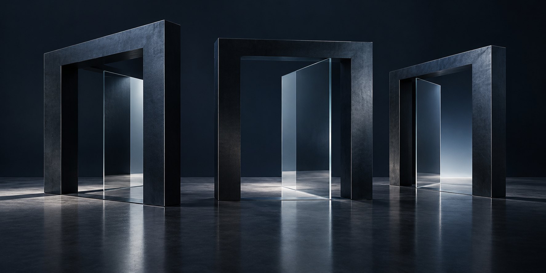 Offset steel frames and clear glass open different perspectives through one architectural scene.