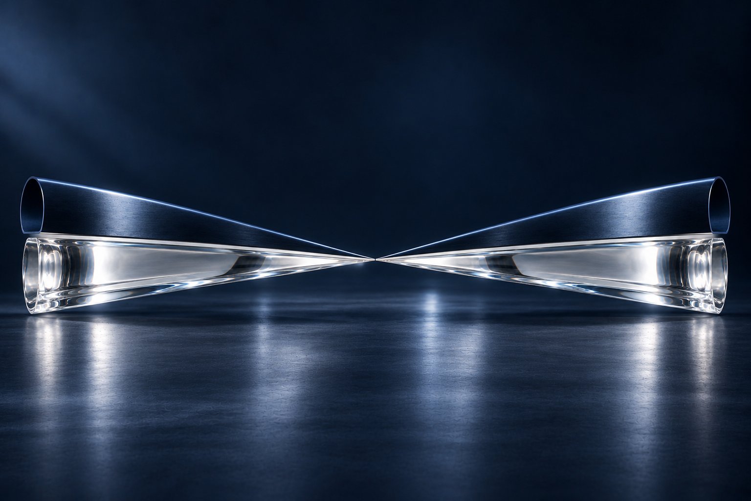 Two glass and navy metal cones narrow into a shared centre and widen into possible futures.