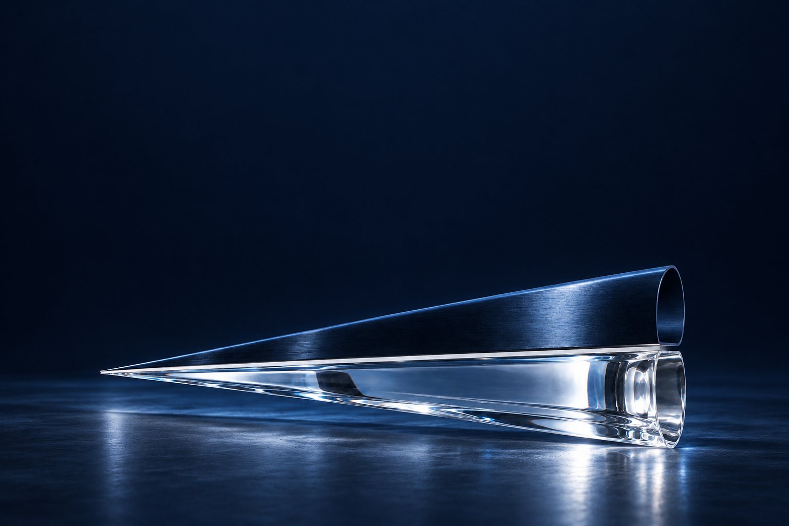 An elongated navy metal and clear glass cone, bringing a broad field into one precise point.
