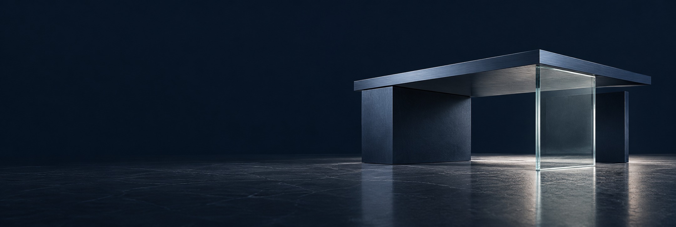 Navy steel planes and a clear glass support reveal how a simple architectural structure fits together.