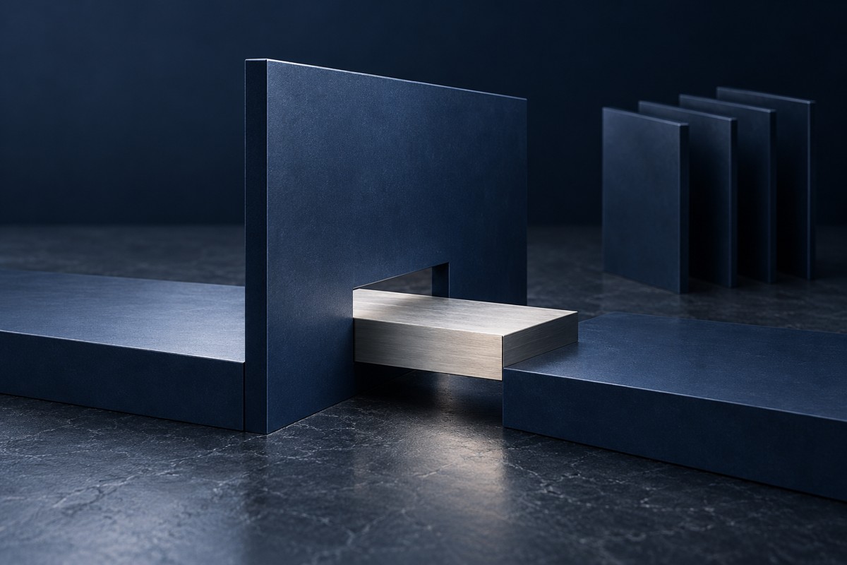One precisely fitting steel piece completes a passage while unused sheets stand apart.