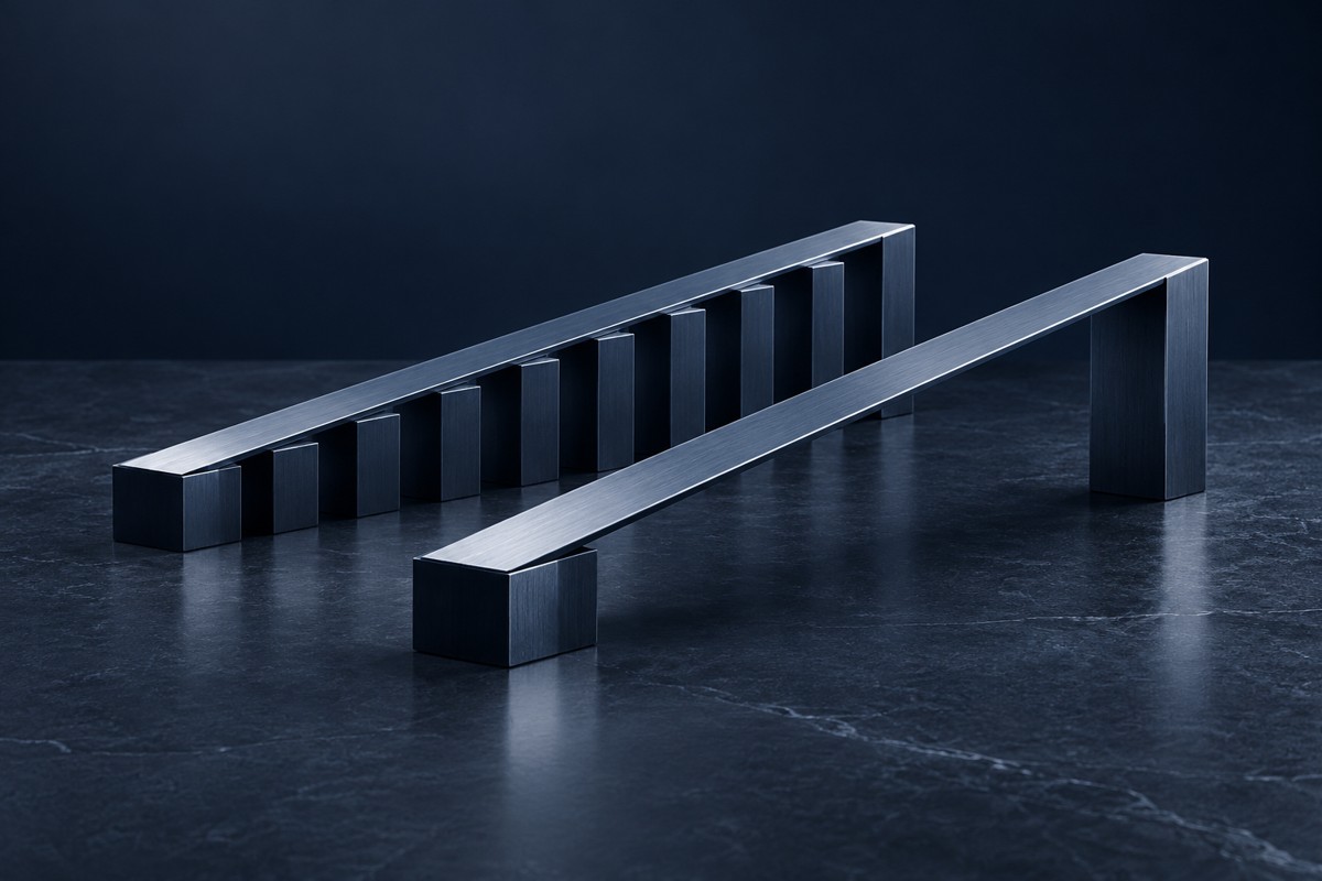 Two steel paths reach the same height with very different numbers of supporting blocks.