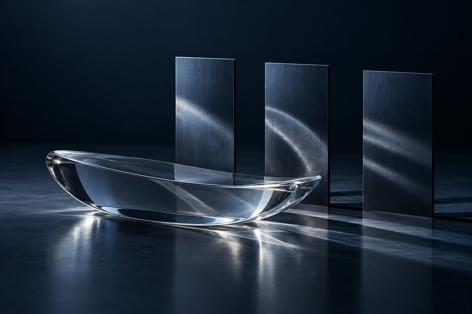 Similar metal forms cast different shadows through an optical glass lens.