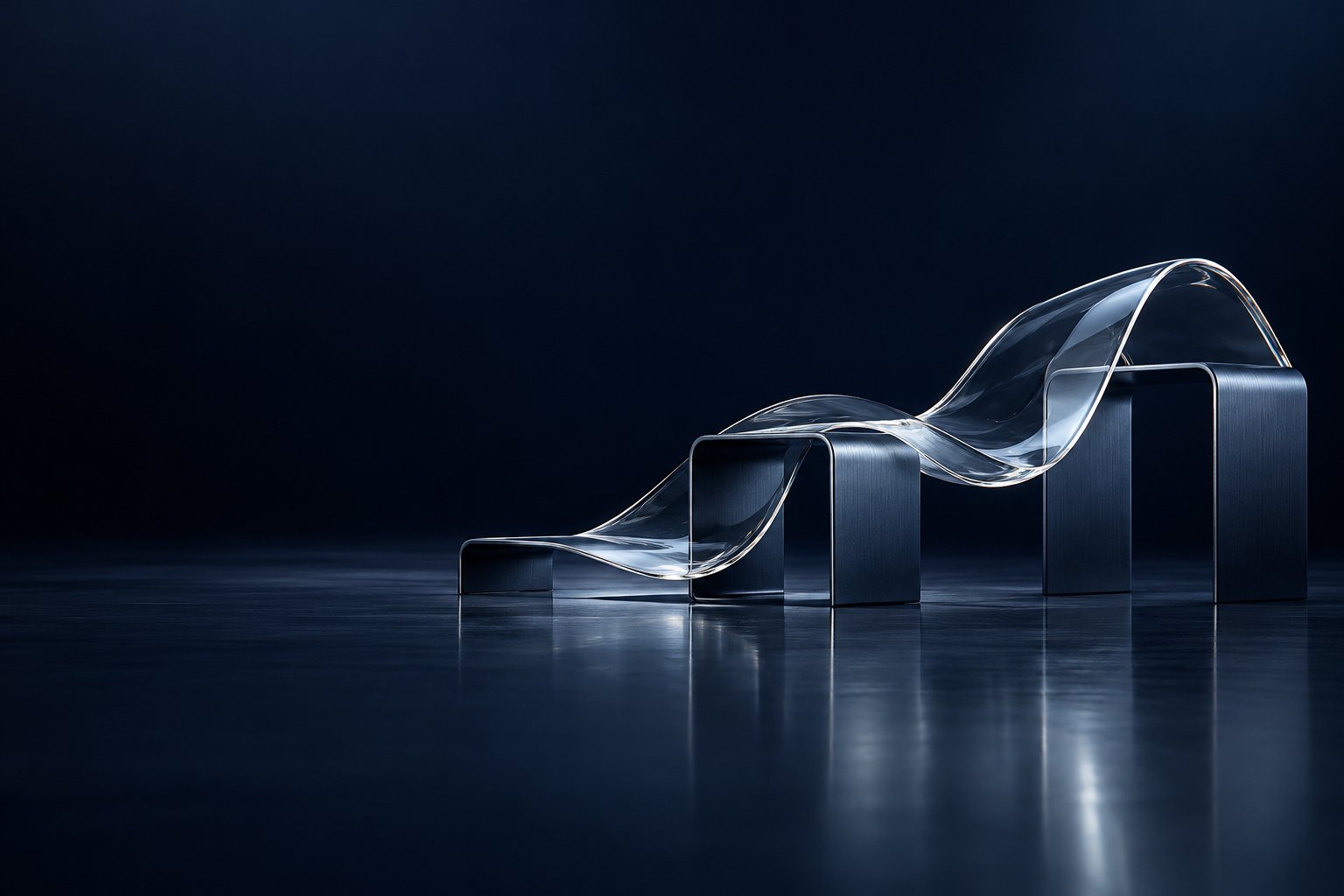 A continuous glass structure supported across three stages.