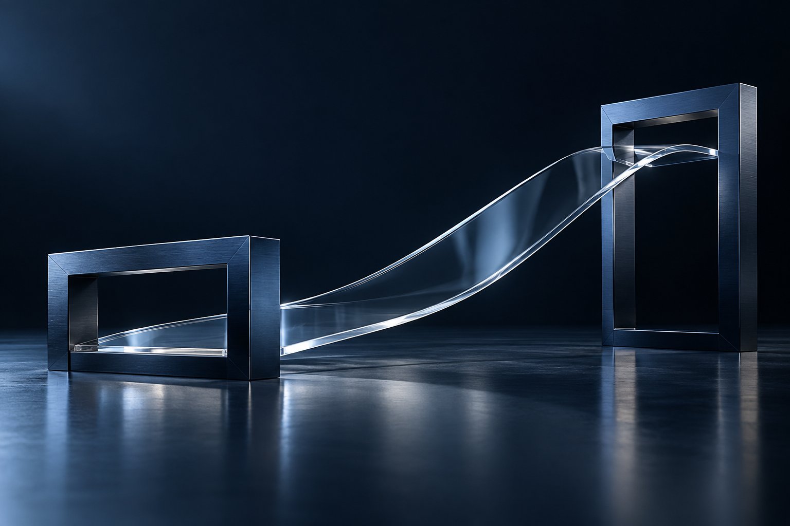 A glass route connects two separated metal frames.