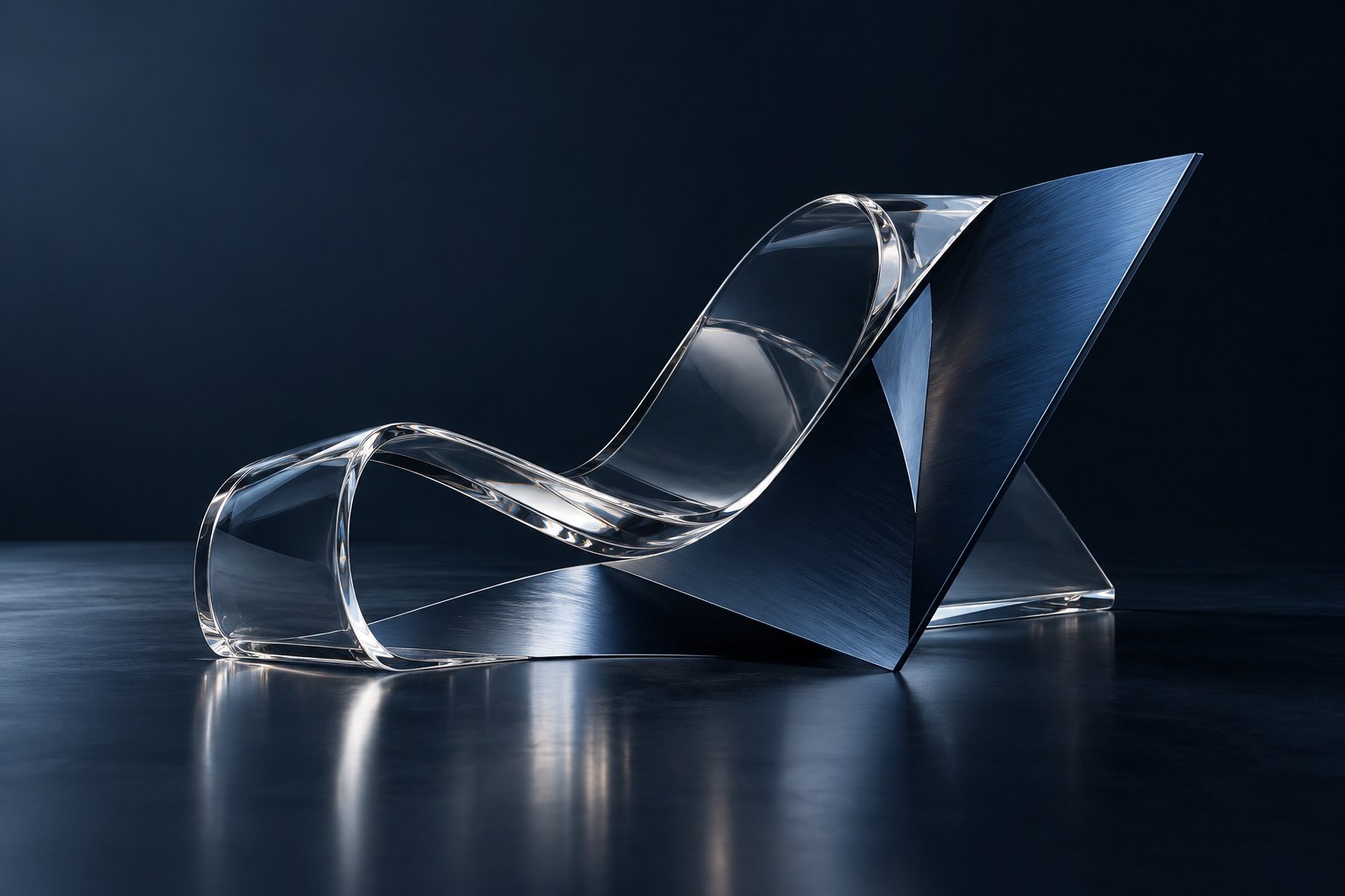 Complementary glass and metal forms shaped into one coherent structure.